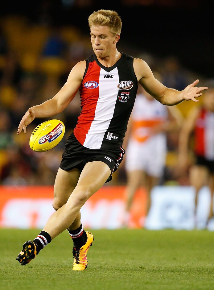 AFL 2016 Rd 05 - St Kilda v GWS Giants MELBOURNE, AUSTRALIA - APRIL 24: Sebastian Ross of the Saints kicks the ball during the 2016 AFL Round 05 match between the St Kilda Saints and the GWS Giants at Etihad Stadium, Melbourne on April 24, 2016. (Photo by Adam Trafford/AFL Media)
